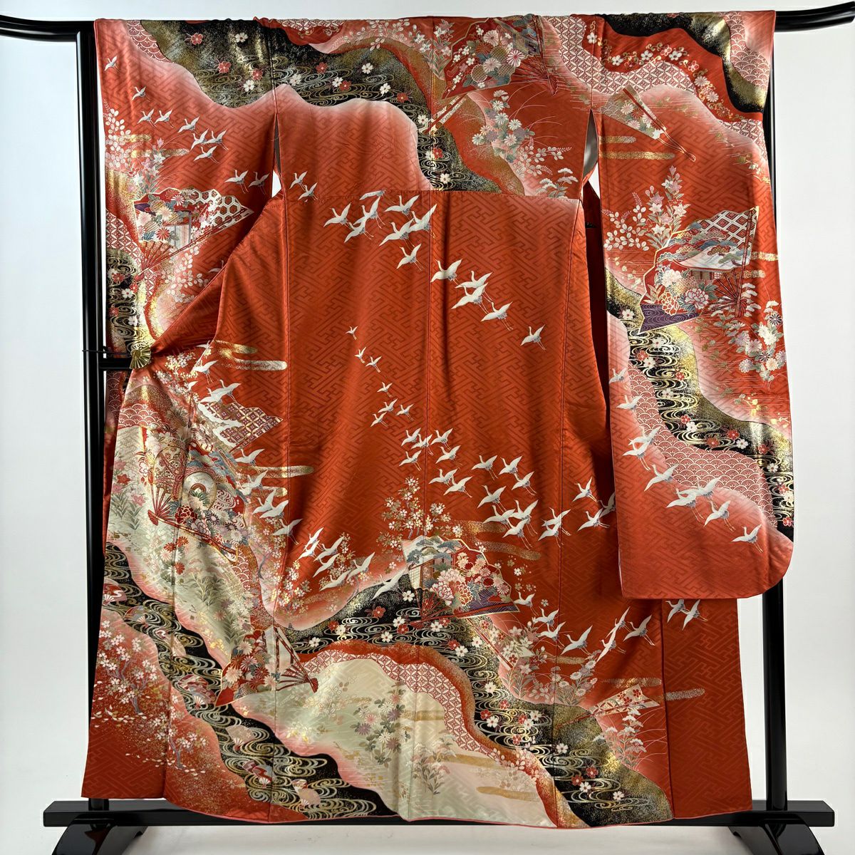 振袖禮服 身長159cm 袖長66.5cm M 雙層 鼓 花鳥 金絲 金銀彩 朱 純蠶絲 秀品級