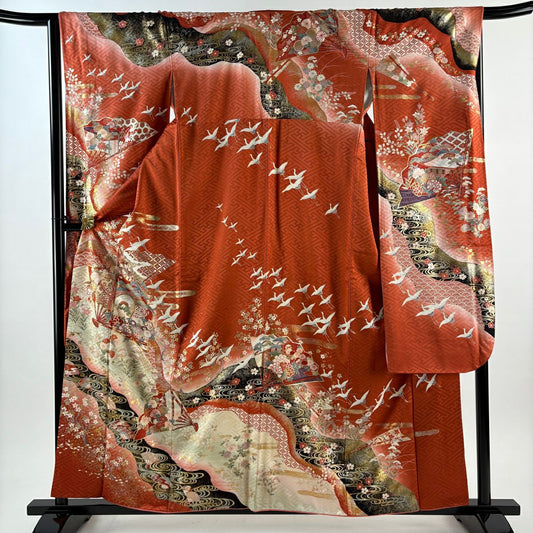 振袖禮服 身長159cm 袖長66.5cm M 雙層 鼓 花鳥 金絲 金銀彩 朱 純蠶絲 秀品級