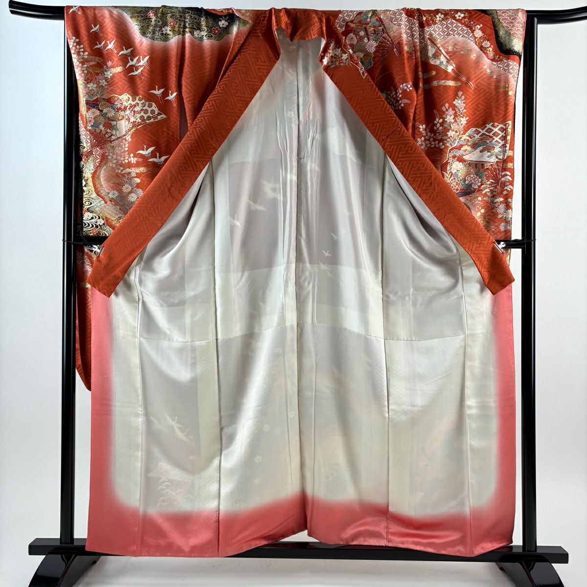 振袖禮服 身長159cm 袖長66.5cm M 雙層 鼓 花鳥 金絲 金銀彩 朱 純蠶絲 秀品級