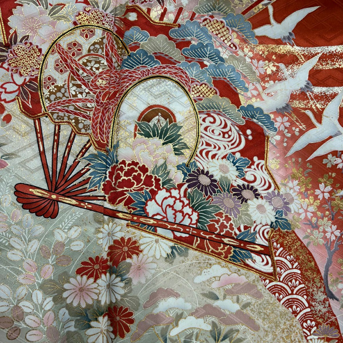 振袖禮服 身長159cm 袖長66.5cm M 雙層 鼓 花鳥 金絲 金銀彩 朱 純蠶絲 秀品級