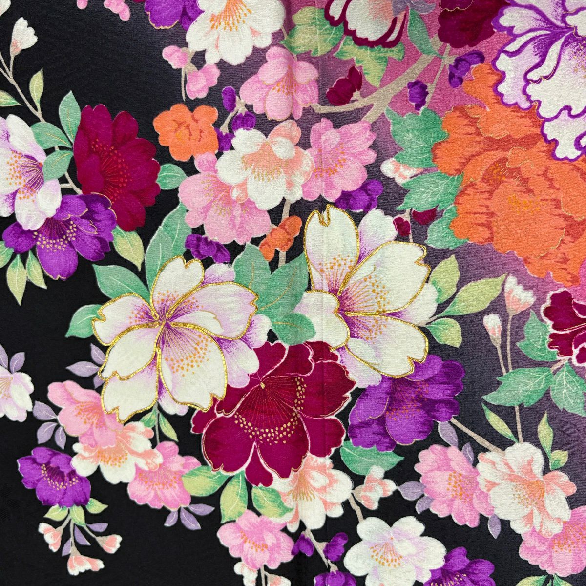 【美品】振袖禮服 身長161cm 袖長67cm M 雙層 草花紋紋 流水 金絲 金銀彩 黑 純蠶絲 秀品級