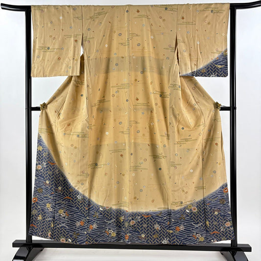 訪問服 身長156.5cm 袖長64cm M 雙層 波 草花紋紋 金彩裝飾 漸層 米色 純蠶絲 優品級