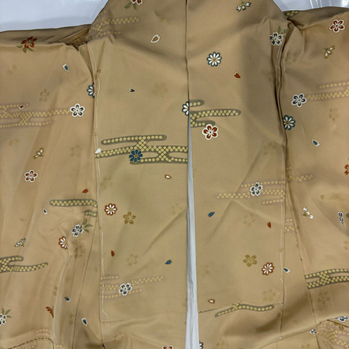 訪問服 身長156.5cm 袖長64cm M 雙層 波 草花紋紋 金彩裝飾 漸層 米色 純蠶絲 優品級