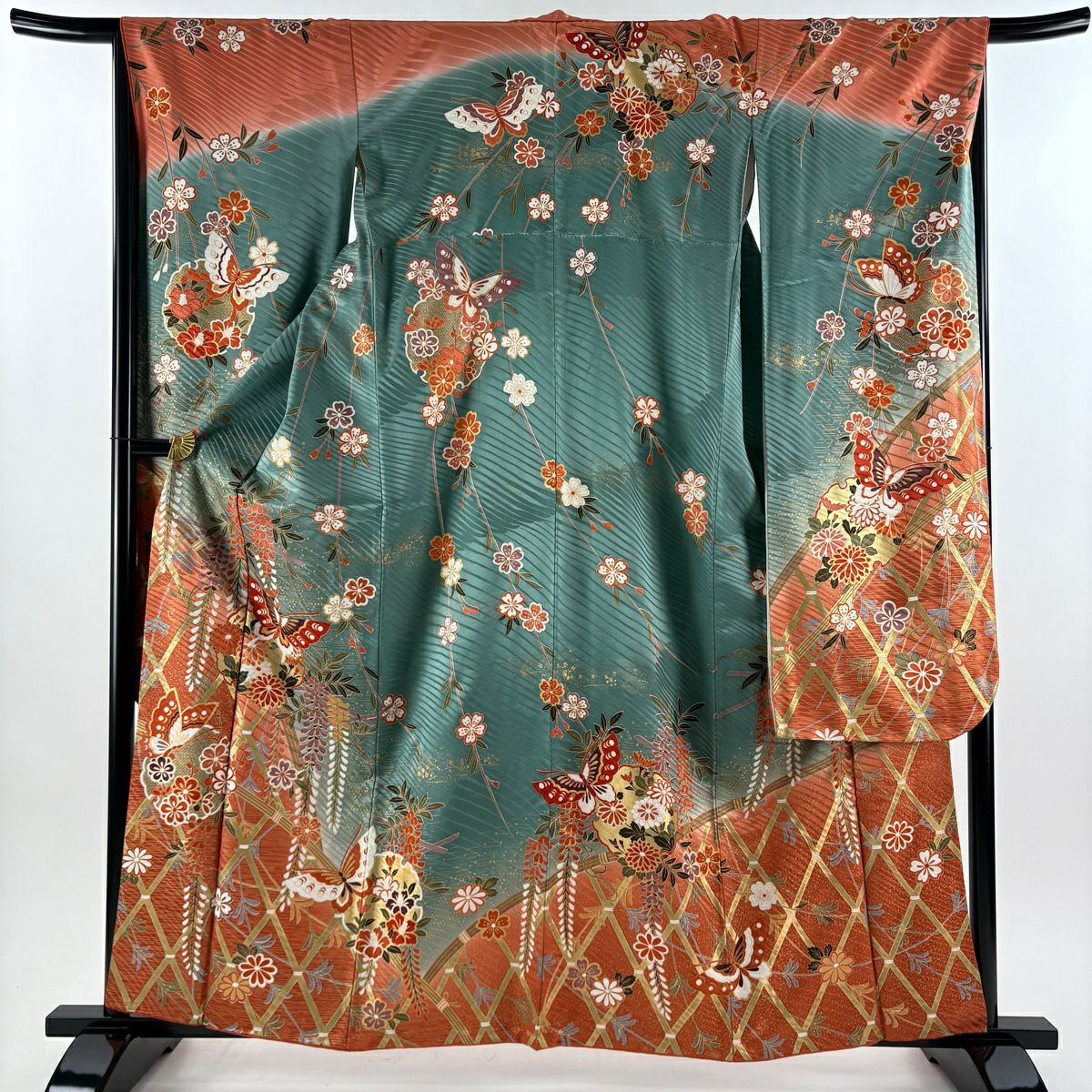 振袖禮服 身長161.5cm 袖長67cm M 雙層 蝶 藤 金銀彩 漸層 灰綠 純蠶絲 優品級