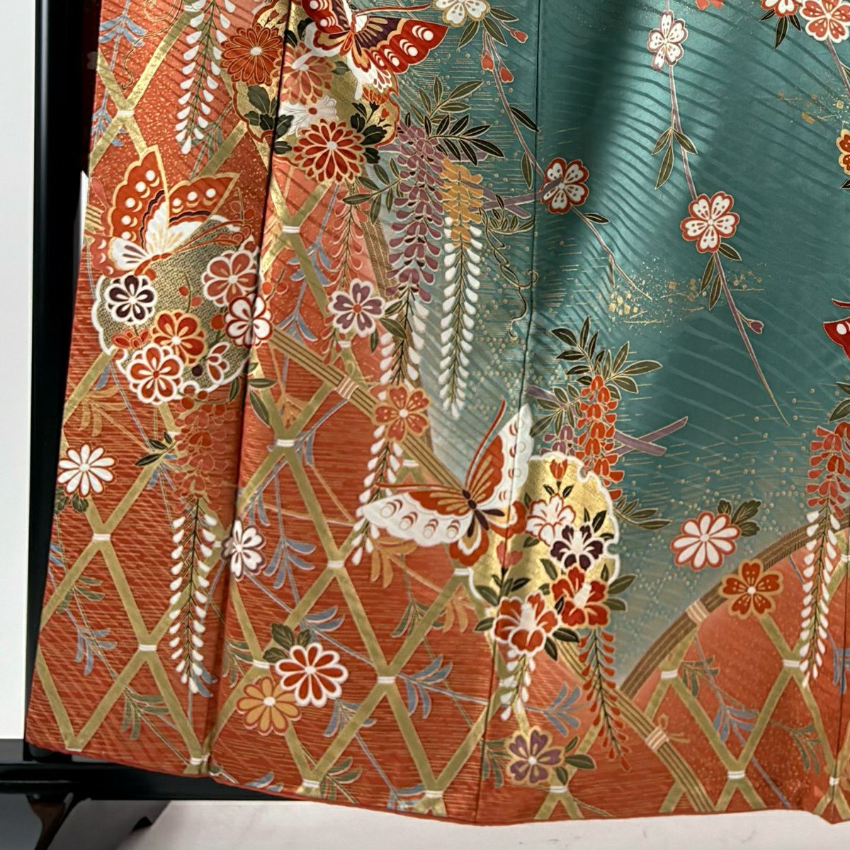 振袖禮服 身長161.5cm 袖長67cm M 雙層 蝶 藤 金銀彩 漸層 灰綠 純蠶絲 優品級