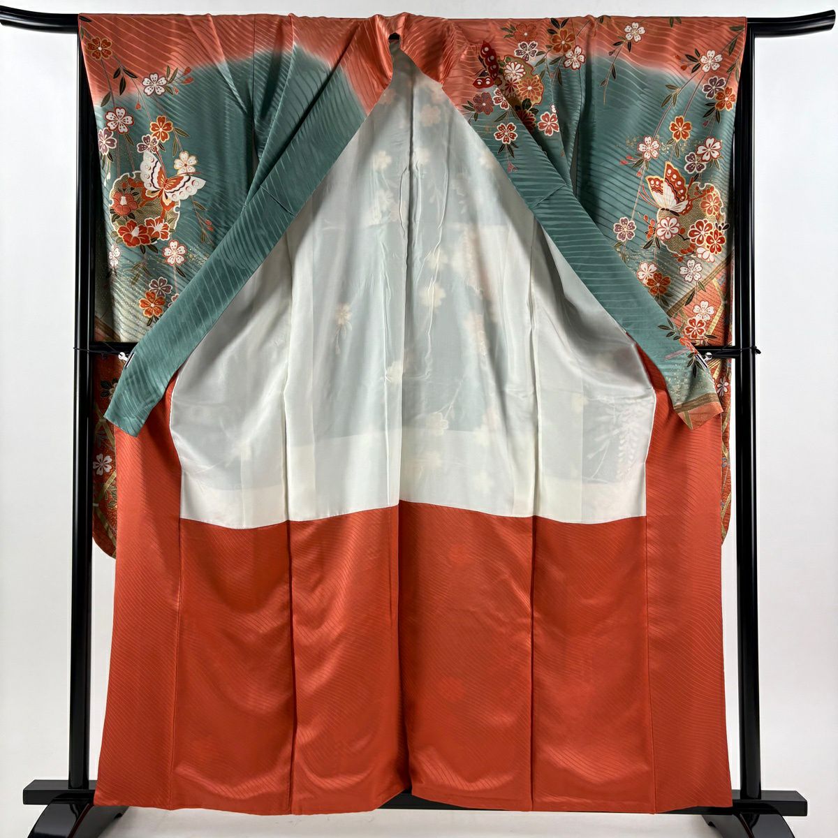 振袖禮服 身長161.5cm 袖長67cm M 雙層 蝶 藤 金銀彩 漸層 灰綠 純蠶絲 優品級