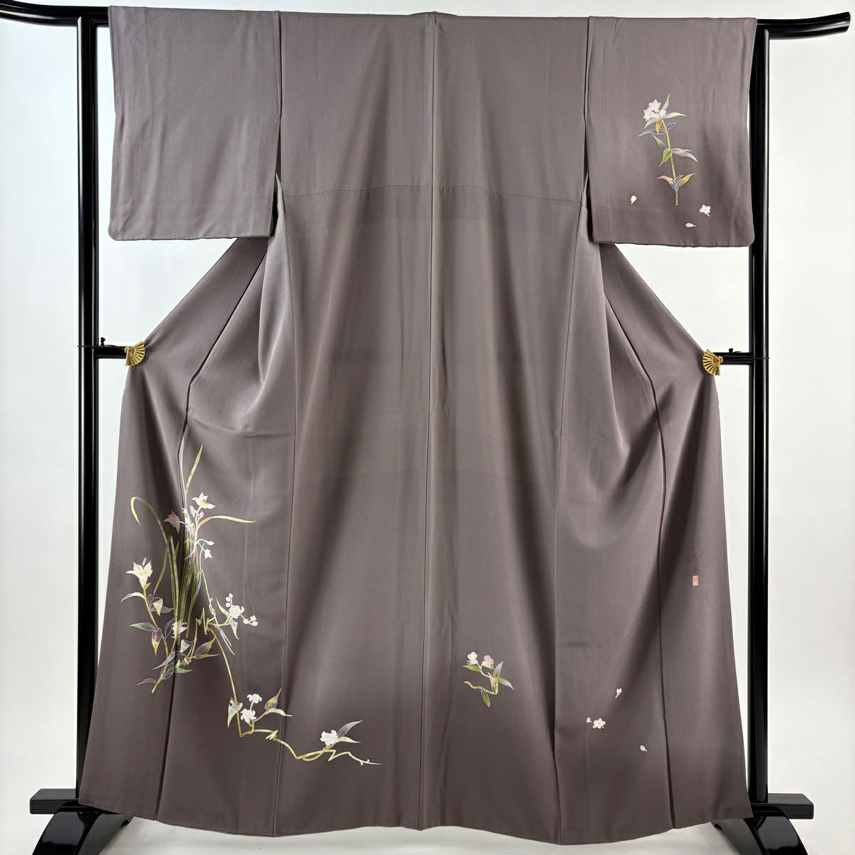 【美品】 付下 身長163cm 袖長63.5cm S 雙層 百貫石峰 有落款 草花紋紋 漸層 灰紫 純蠶絲 優品級