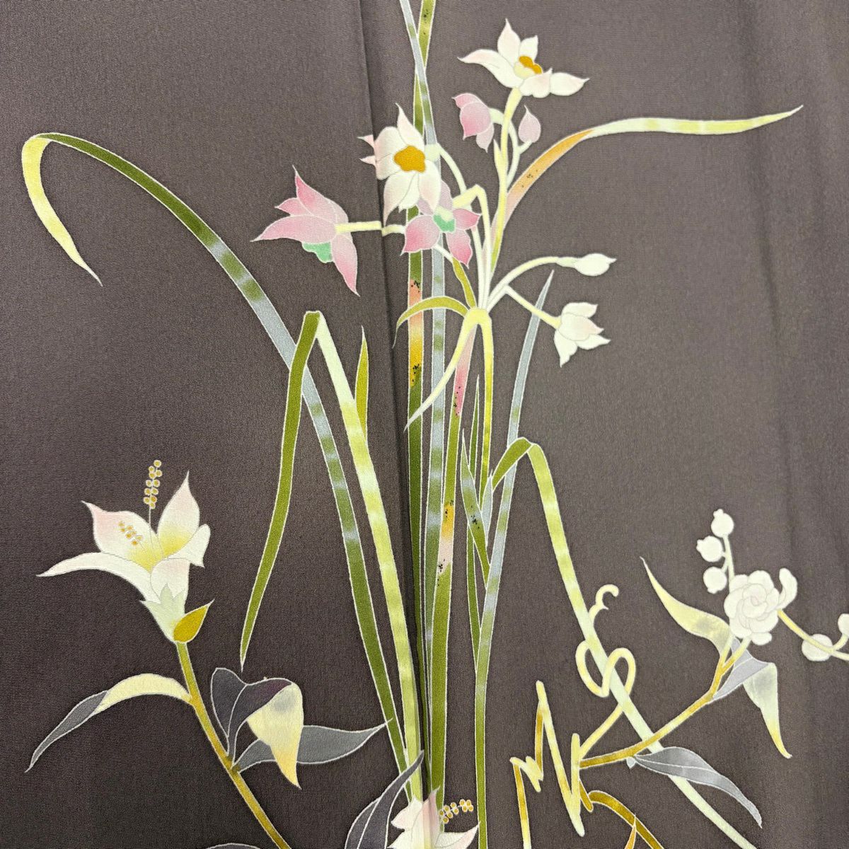 【美品】 付下 身長163cm 袖長63.5cm S 雙層 百貫石峰 有落款 草花紋紋 漸層 灰紫 純蠶絲 優品級