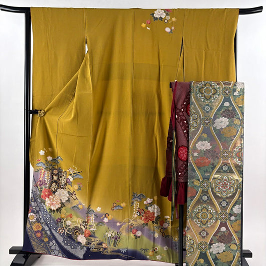 【美品】振袖禮服 身長160cm 袖長66cm M 雙層 袋帶全套 御所車 牡丹 金銀彩 染分 黃土色 純蠶絲 秀品級