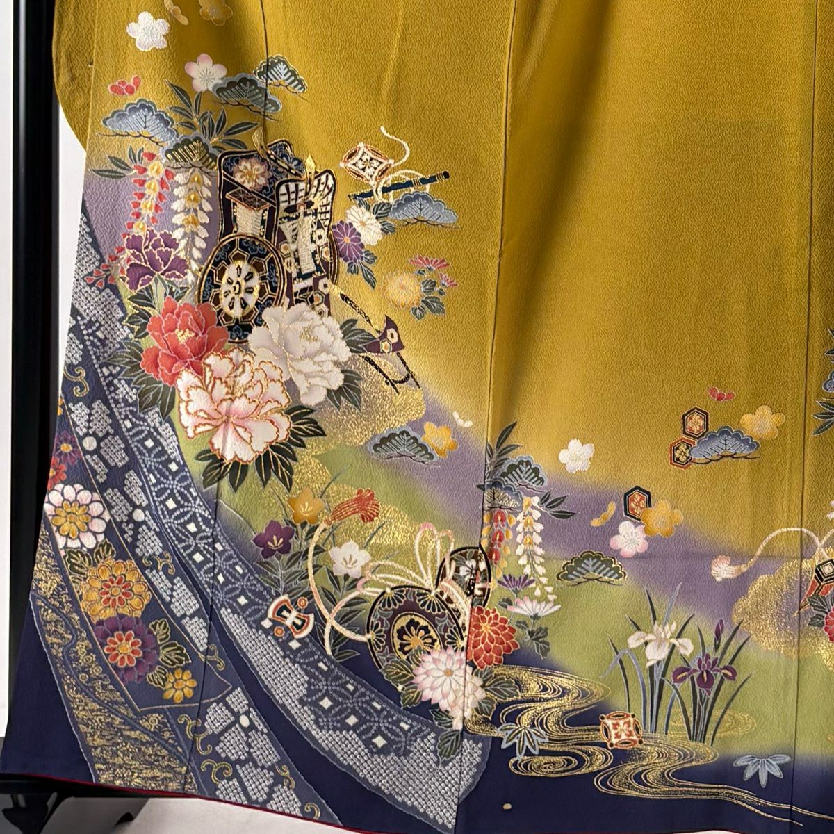 【美品】振袖禮服 身長160cm 袖長66cm M 雙層 袋帶全套 御所車 牡丹 金銀彩 染分 黃土色 純蠶絲 秀品級