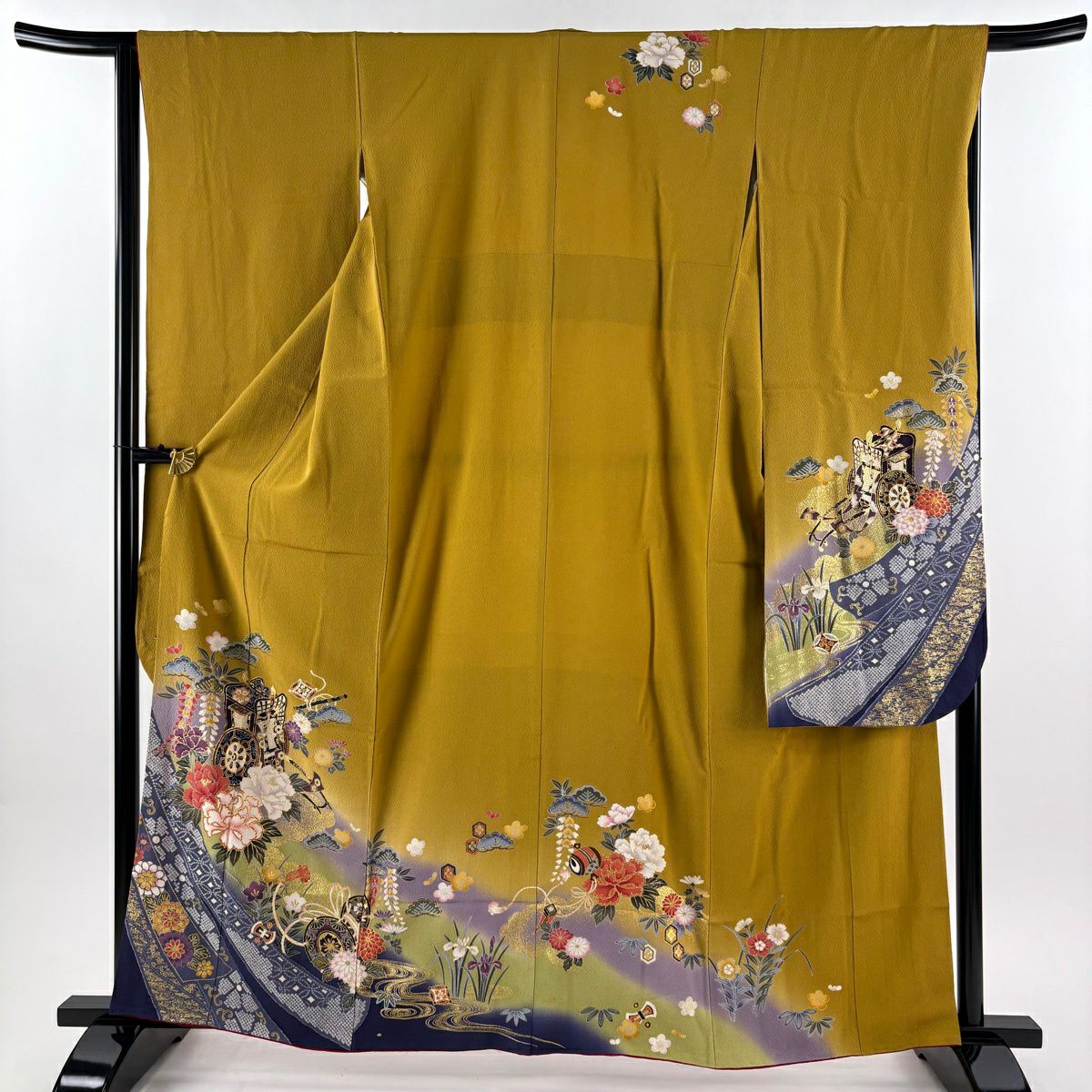 【美品】振袖禮服 身長160cm 袖長66cm M 雙層 袋帶全套 御所車 牡丹 金銀彩 染分 黃土色 純蠶絲 秀品級