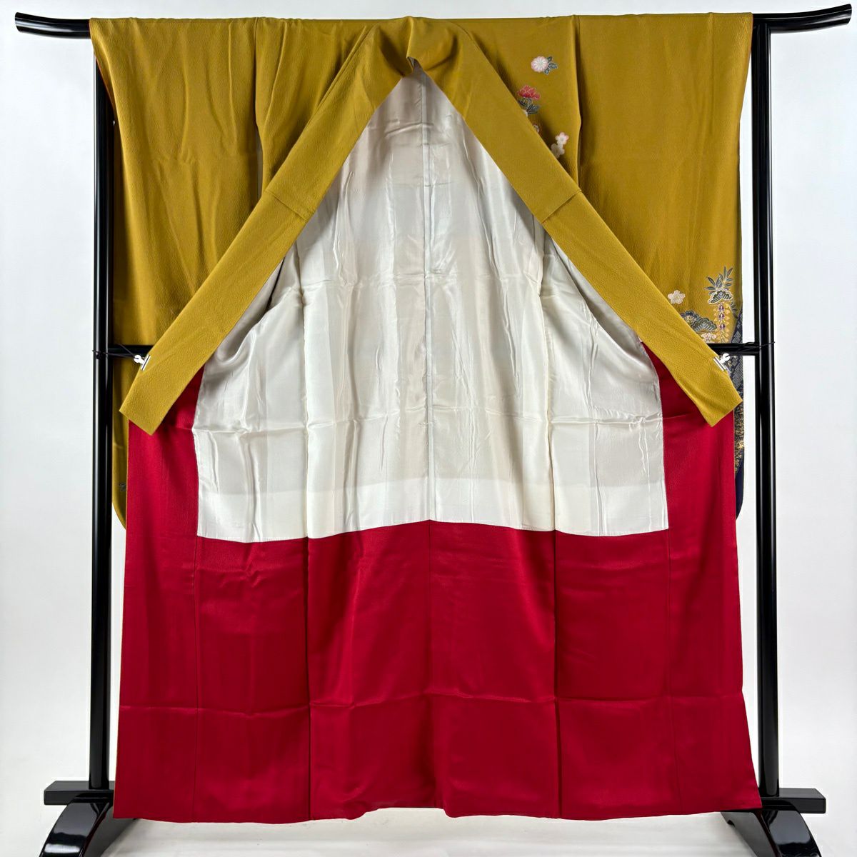 【美品】振袖禮服 身長160cm 袖長66cm M 雙層 袋帶全套 御所車 牡丹 金銀彩 染分 黃土色 純蠶絲 秀品級
