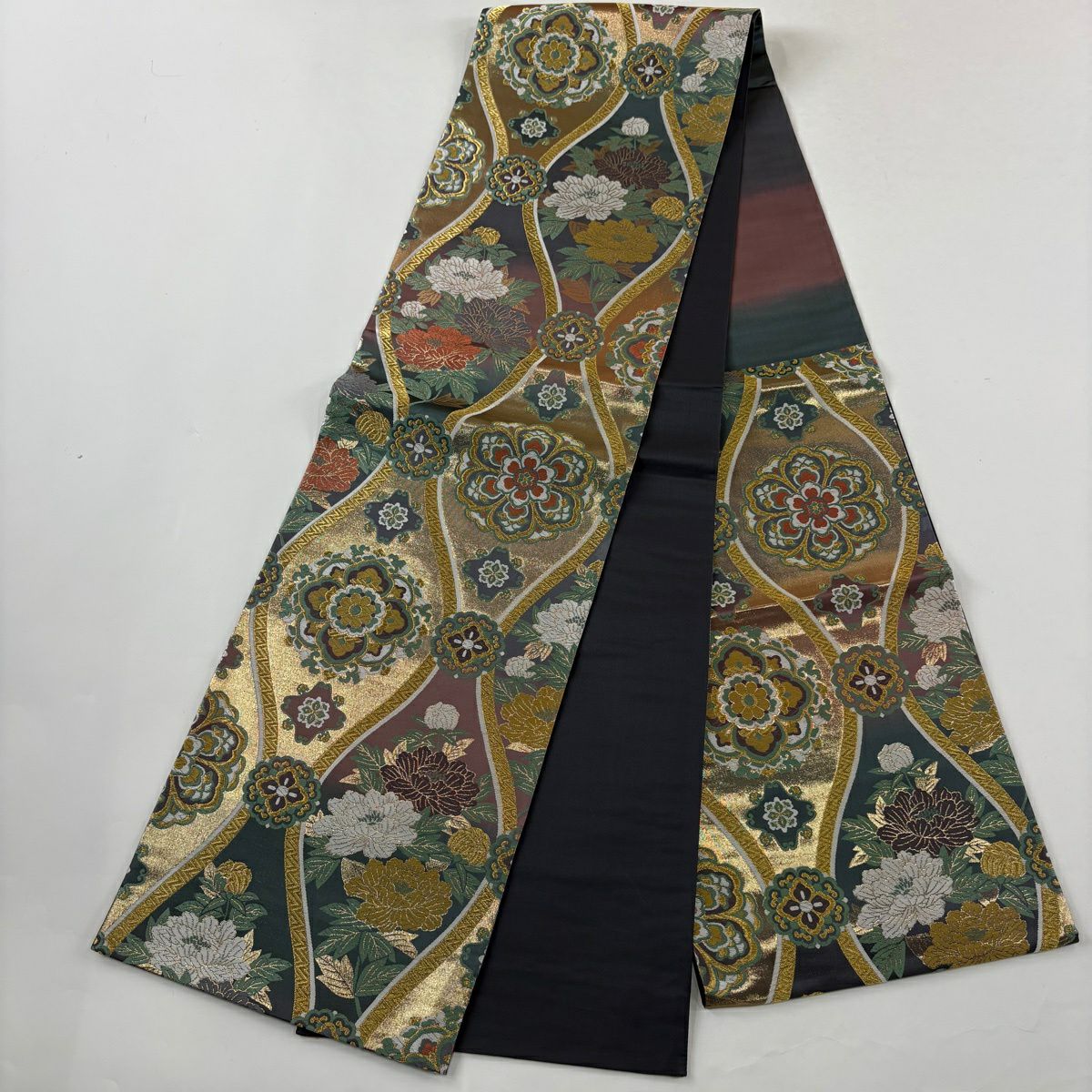 【美品】振袖禮服 身長160cm 袖長66cm M 雙層 袋帶全套 御所車 牡丹 金銀彩 染分 黃土色 純蠶絲 秀品級