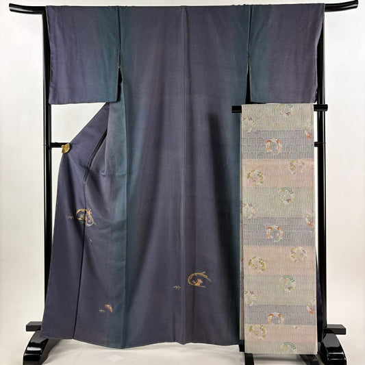 【美品】 付下 身長165cm 袖長66cm M 雙層 袋帶套裝 落款有 寶盡くし 笹 金絲 刺繡 灰紫 純蠶絲 秀品級