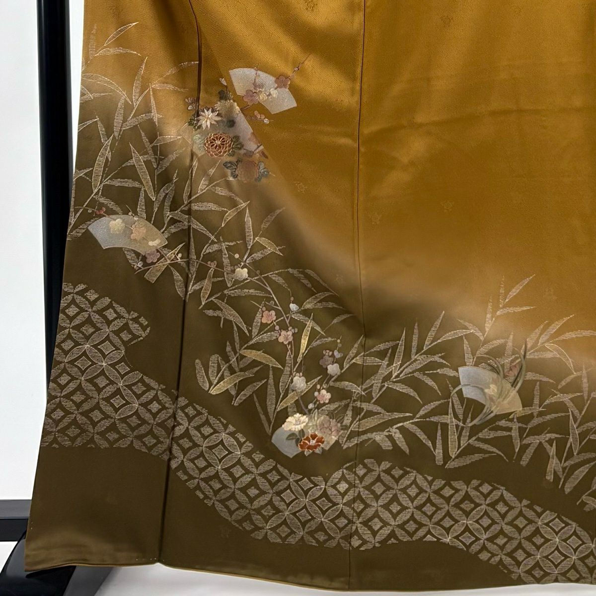 訪問服 身長166cm 袖長66cm M 雙層 扇子面 草花紋 金銀彩 金糸 山吹茶 純蠶絲 秀品級 一つ紋