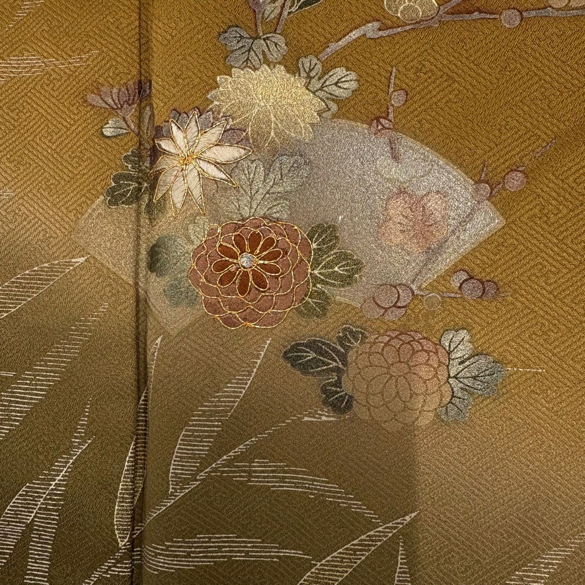 訪問服 身長166cm 袖長66cm M 雙層 扇子面 草花紋 金銀彩 金糸 山吹茶 純蠶絲 秀品級 一つ紋