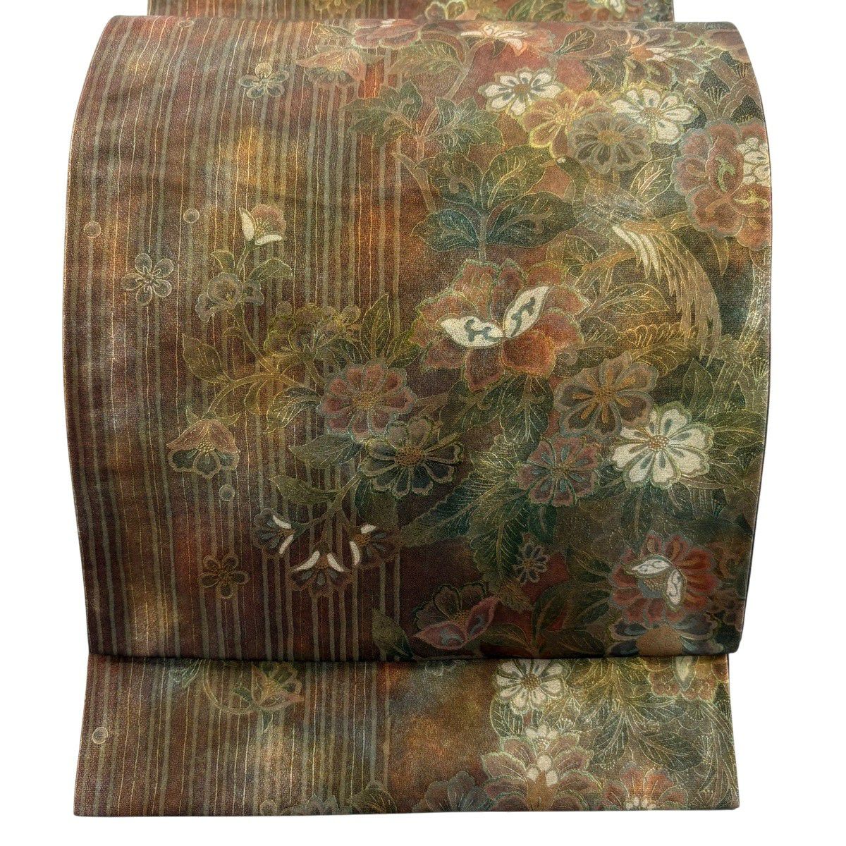 【美品】 袋帶 秀品級 花鳥 縞 金彩裝飾 茶 全通 純蠶絲