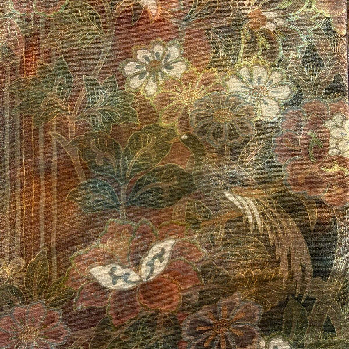 【美品】 袋帶 秀品級 花鳥 縞 金彩裝飾 茶 全通 純蠶絲