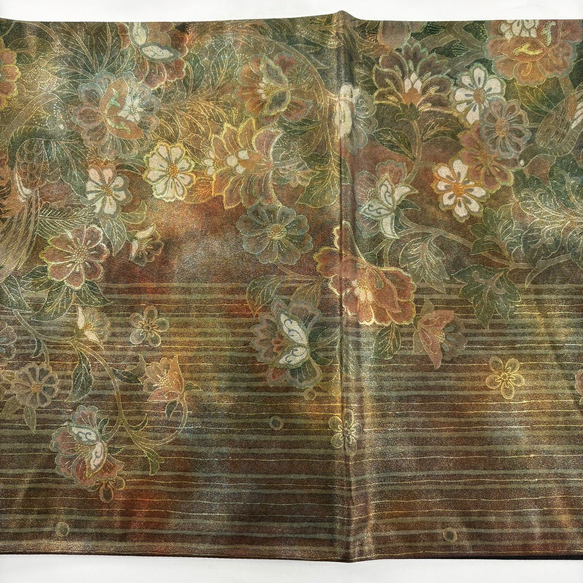 【美品】 袋帶 秀品級 花鳥 縞 金彩裝飾 茶 全通 純蠶絲