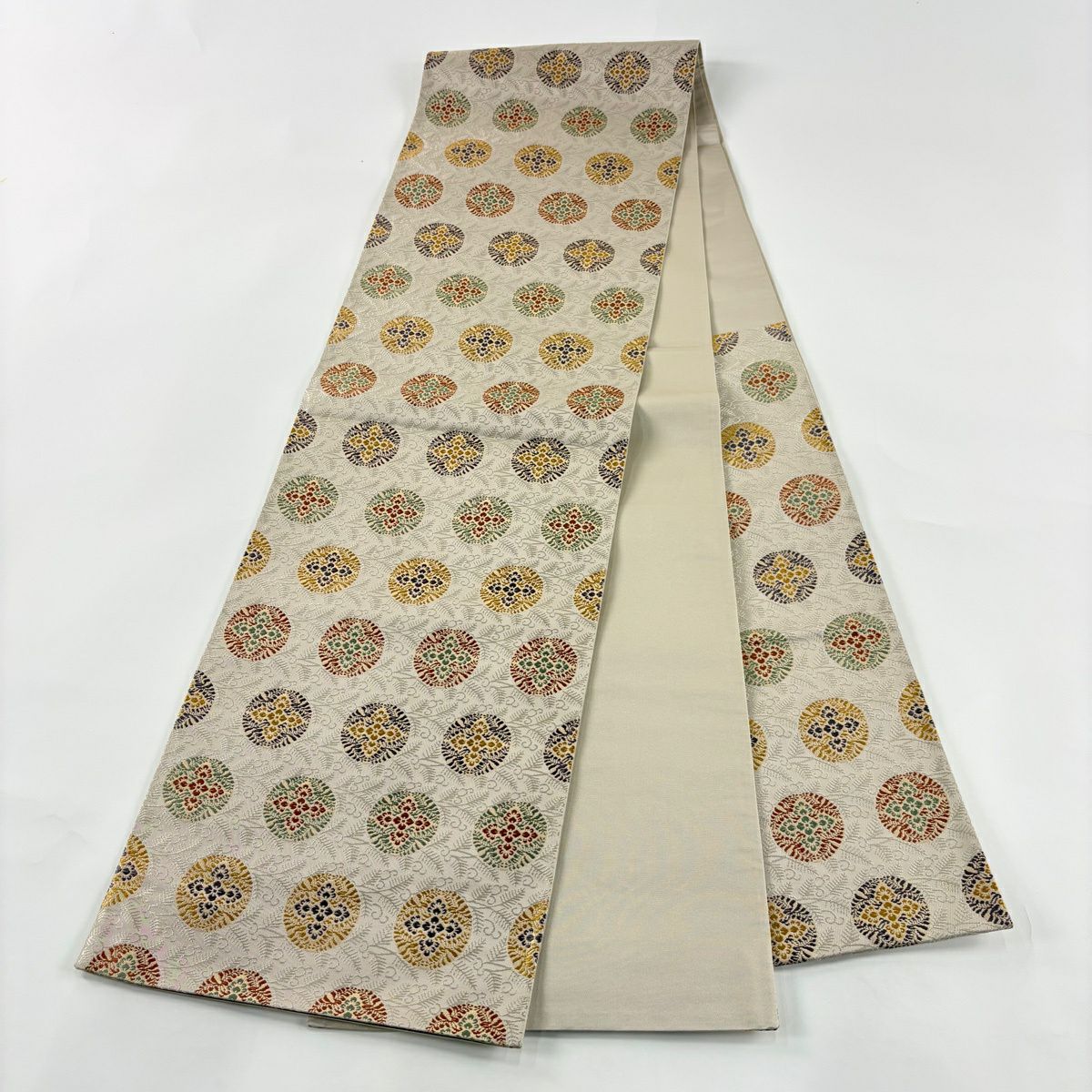 【美品】 袋帶 秀品級 圓文 花菱 金金箔 米色 六通 純蠶絲