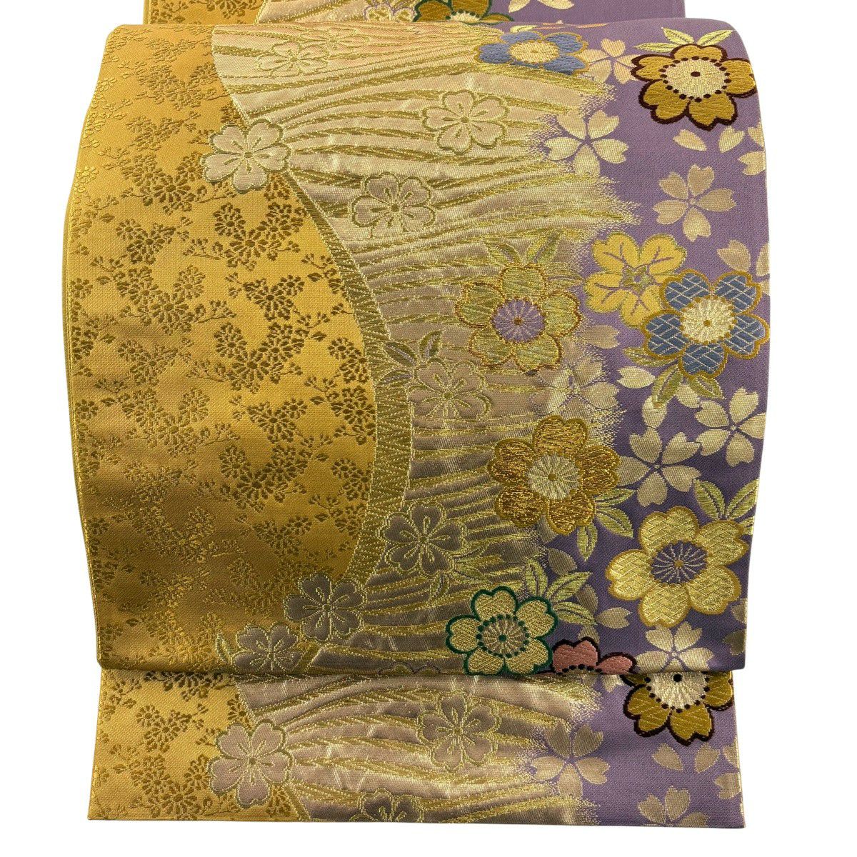 【美品】 袋帶 秀品級 樱花 斜條 金絲 唐織 山吹茶 純蠶絲 六通