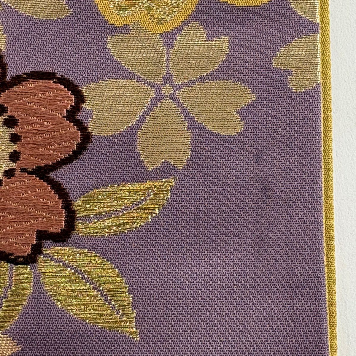 【美品】 袋帶 秀品級 樱花 斜條 金絲 唐織 山吹茶 純蠶絲 六通