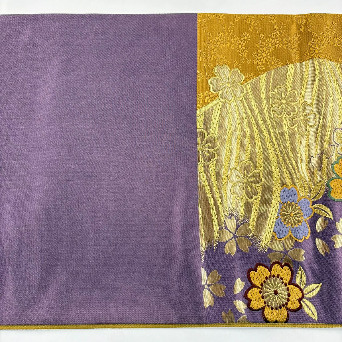 【美品】 袋帶 秀品級 樱花 斜條 金絲 唐織 山吹茶 純蠶絲 六通