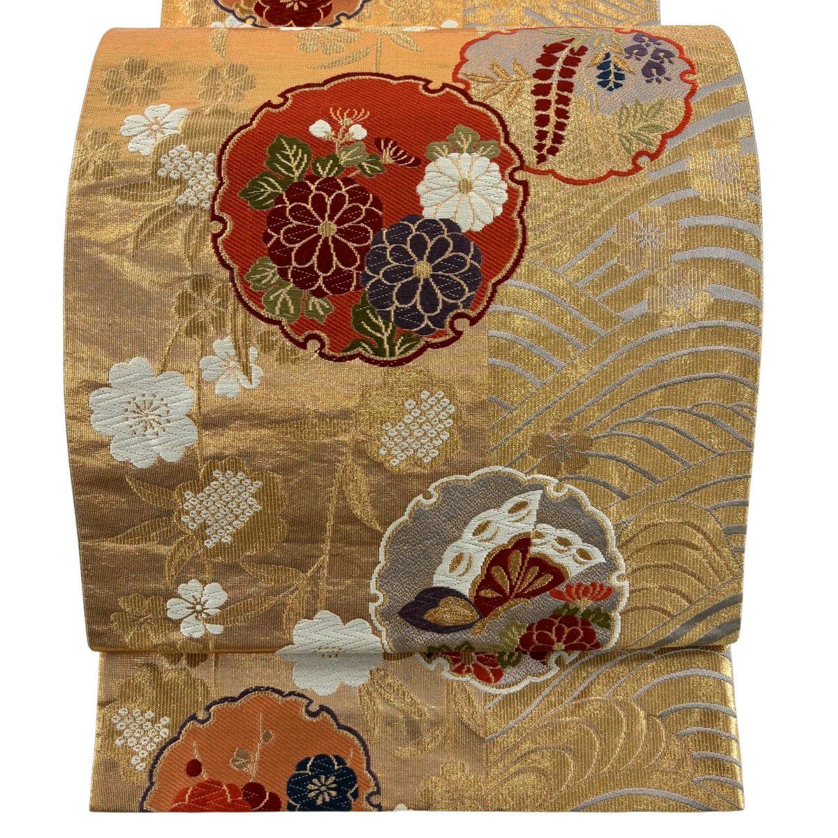 【美品】 袋帶 秀品級 雪輪 蝶 金絲 唐織 金色 六通 純蠶絲