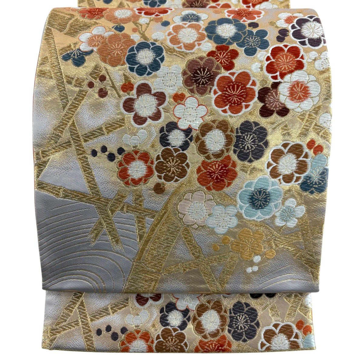 【美品】 袋帶 秀品級 枝梅花 流水 金絲 唐織 灰色 六通 純蠶絲