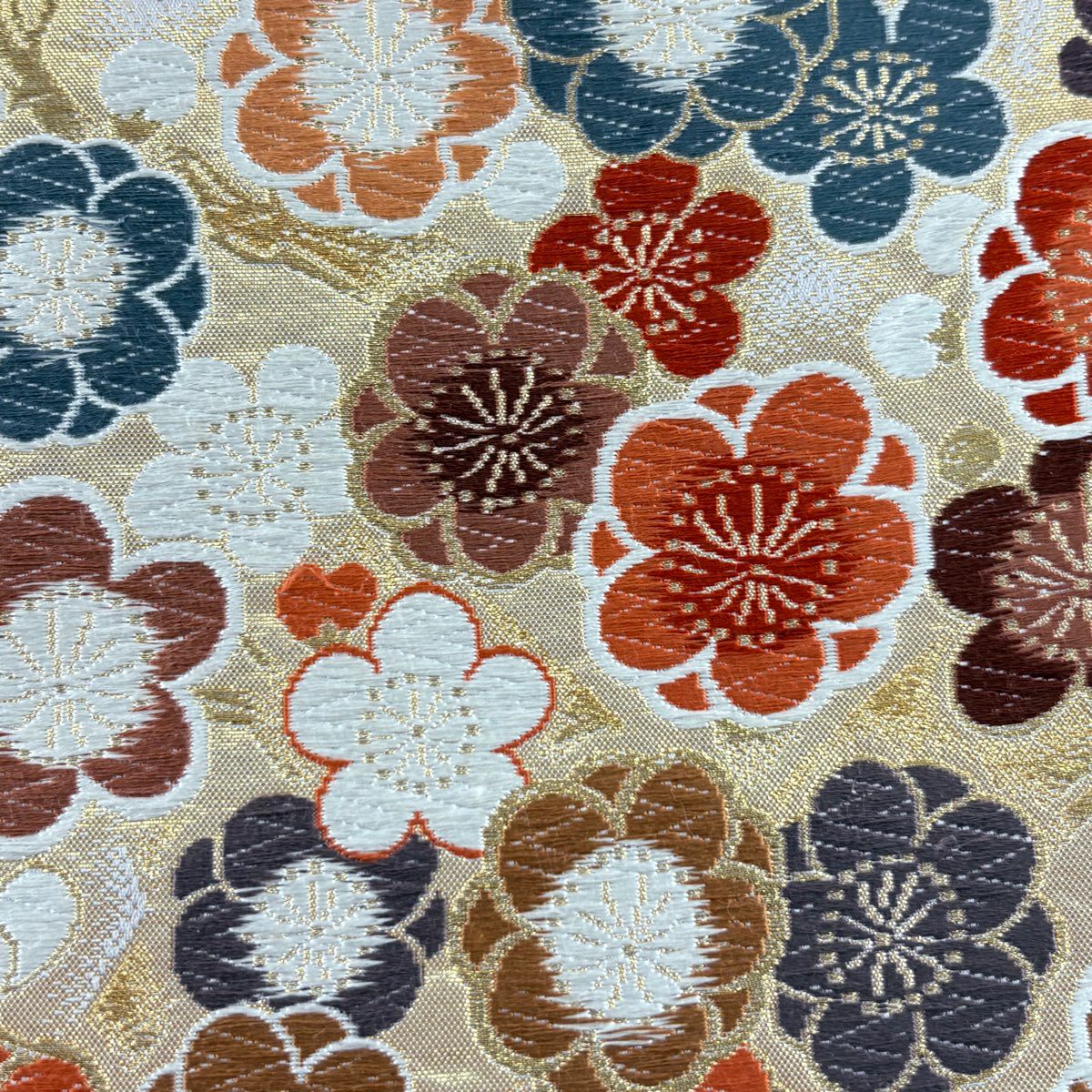 【美品】 袋帶 秀品級 枝梅花 流水 金絲 唐織 灰色 六通 純蠶絲