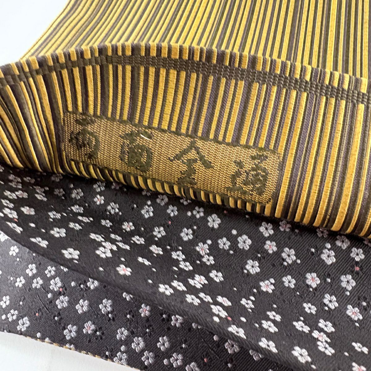 【美品】 袋帶 秀品級 縞 茶綠 全通 純蠶絲