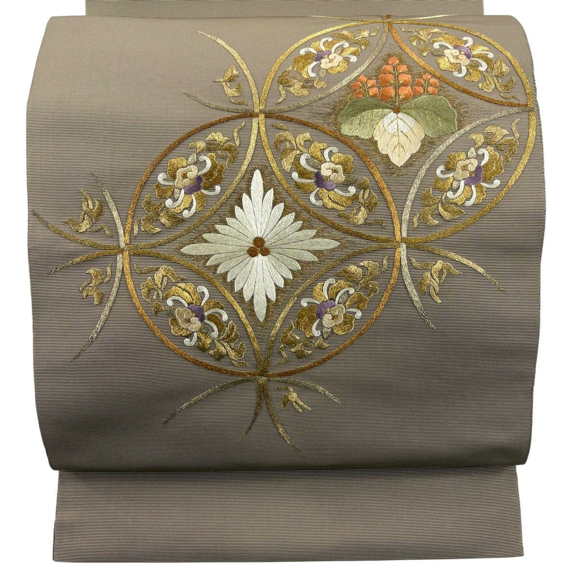 【美品】 開口名古屋帶 優品級 七寶紋 桐 金絲 刺繡 淺茶 純蠶絲