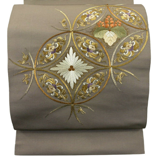 【美品】 開口名古屋帶 優品級 七寶紋 桐 金絲 刺繡 淺茶 純蠶絲