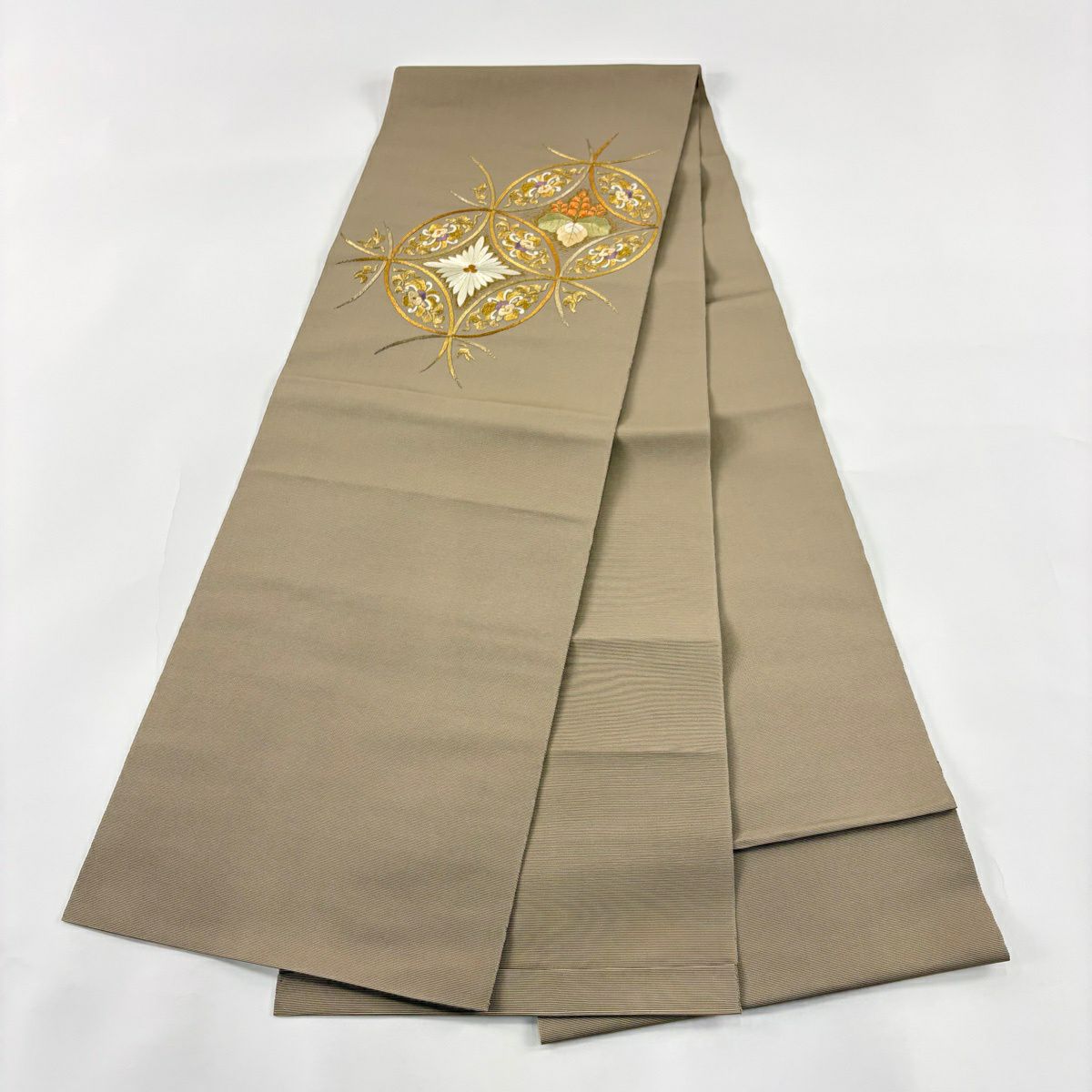 【美品】 開口名古屋帶 優品級 七寶紋 桐 金絲 刺繡 淺茶 純蠶絲