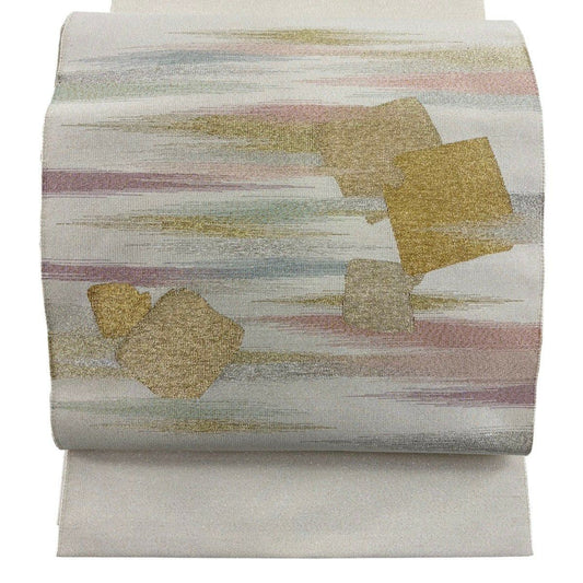 【美品】名古屋帶 優品級 八寸名古屋帶 松樹葉仕立 霞 破れ色紙 金銀彩 米色 純蠶絲