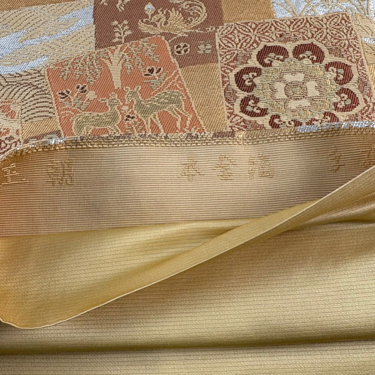 袋帶 名品級 破裂色紙 華紋 金絲 金金箔 米色 六通 純蠶絲