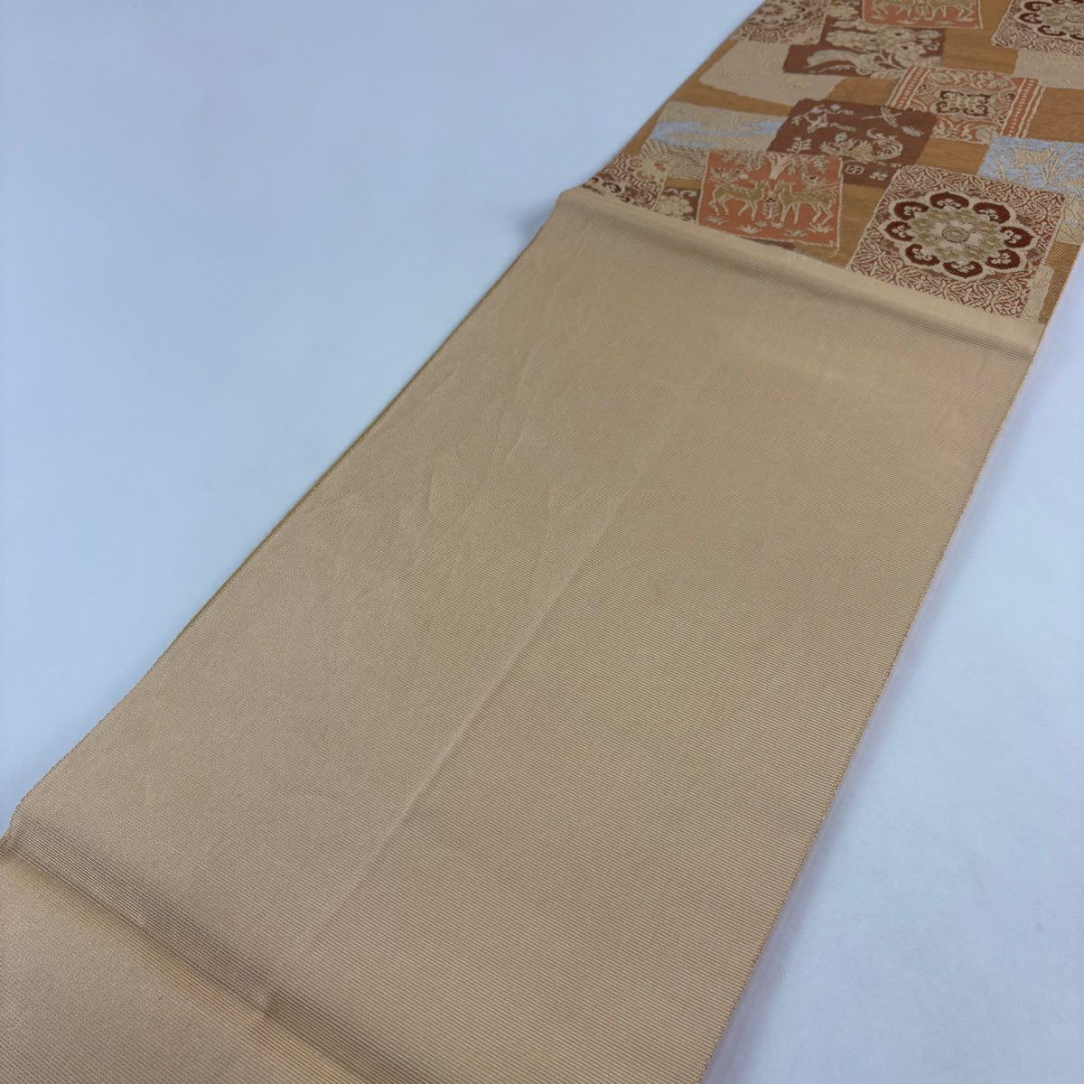 袋帶 名品級 破裂色紙 華紋 金絲 金金箔 米色 六通 純蠶絲