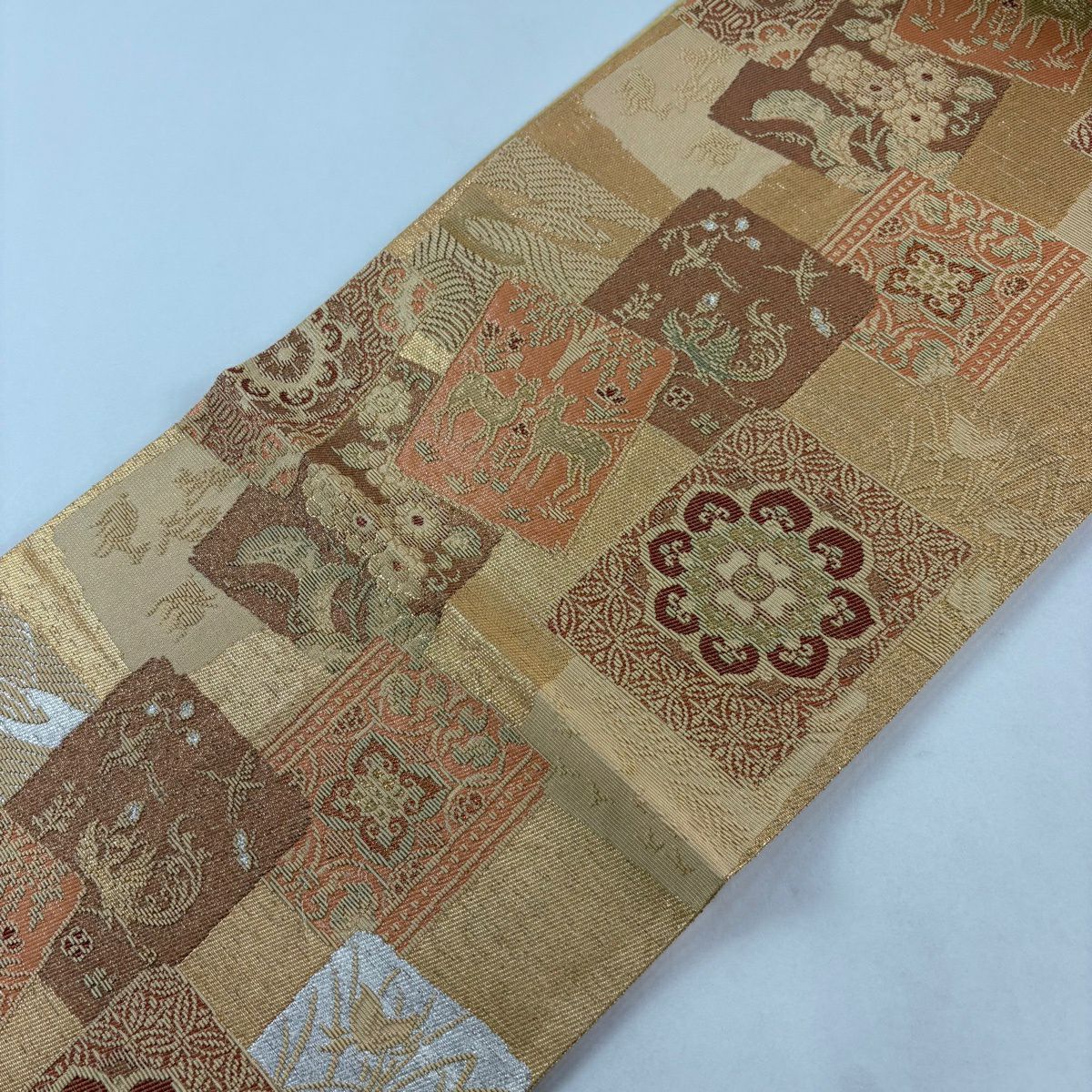 袋帶 名品級 破裂色紙 華紋 金絲 金金箔 米色 六通 純蠶絲