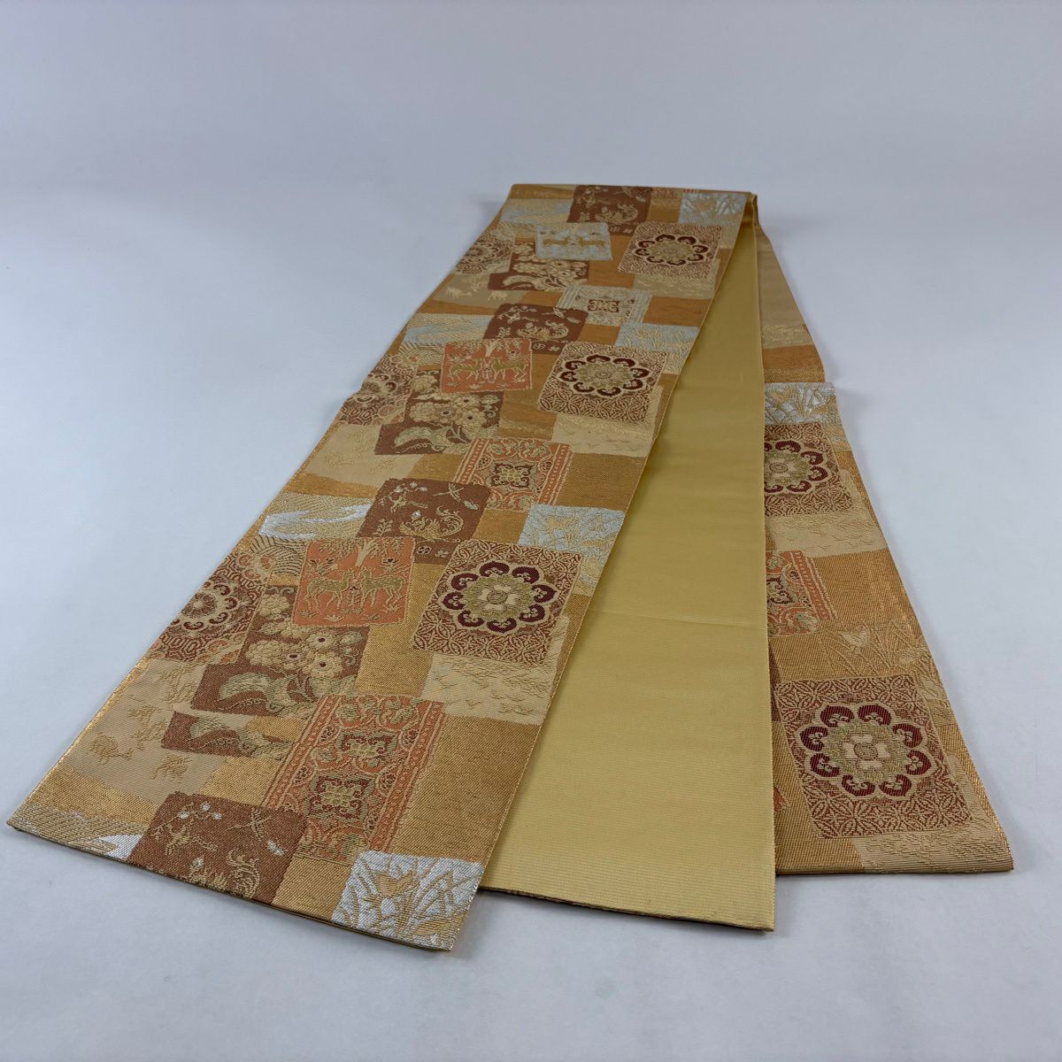袋帶 名品級 破裂色紙 華紋 金絲 金金箔 米色 六通 純蠶絲