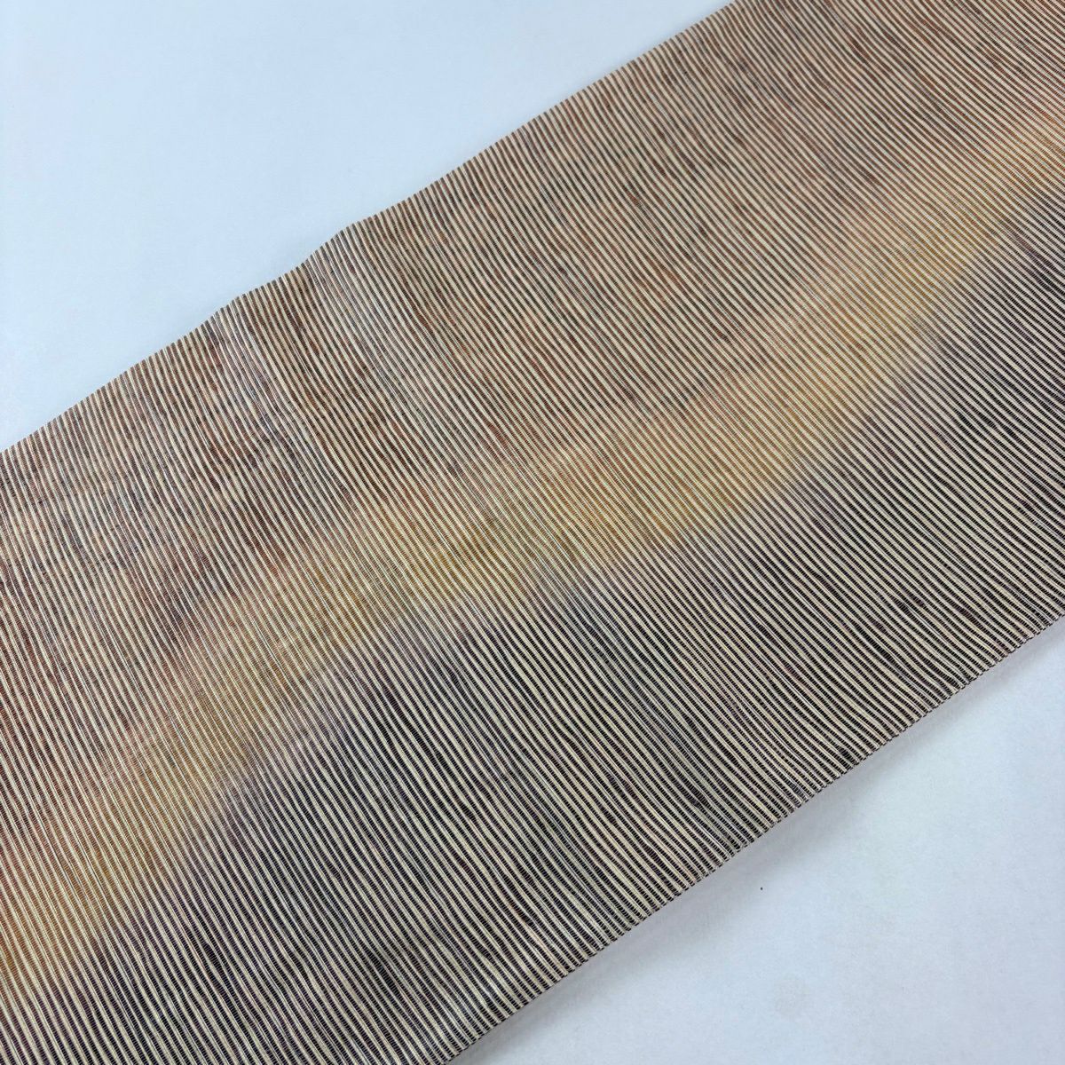 【美品】 袋帶 名品級 縞 ぼかし紋 薄茶 六通 純蠶絲