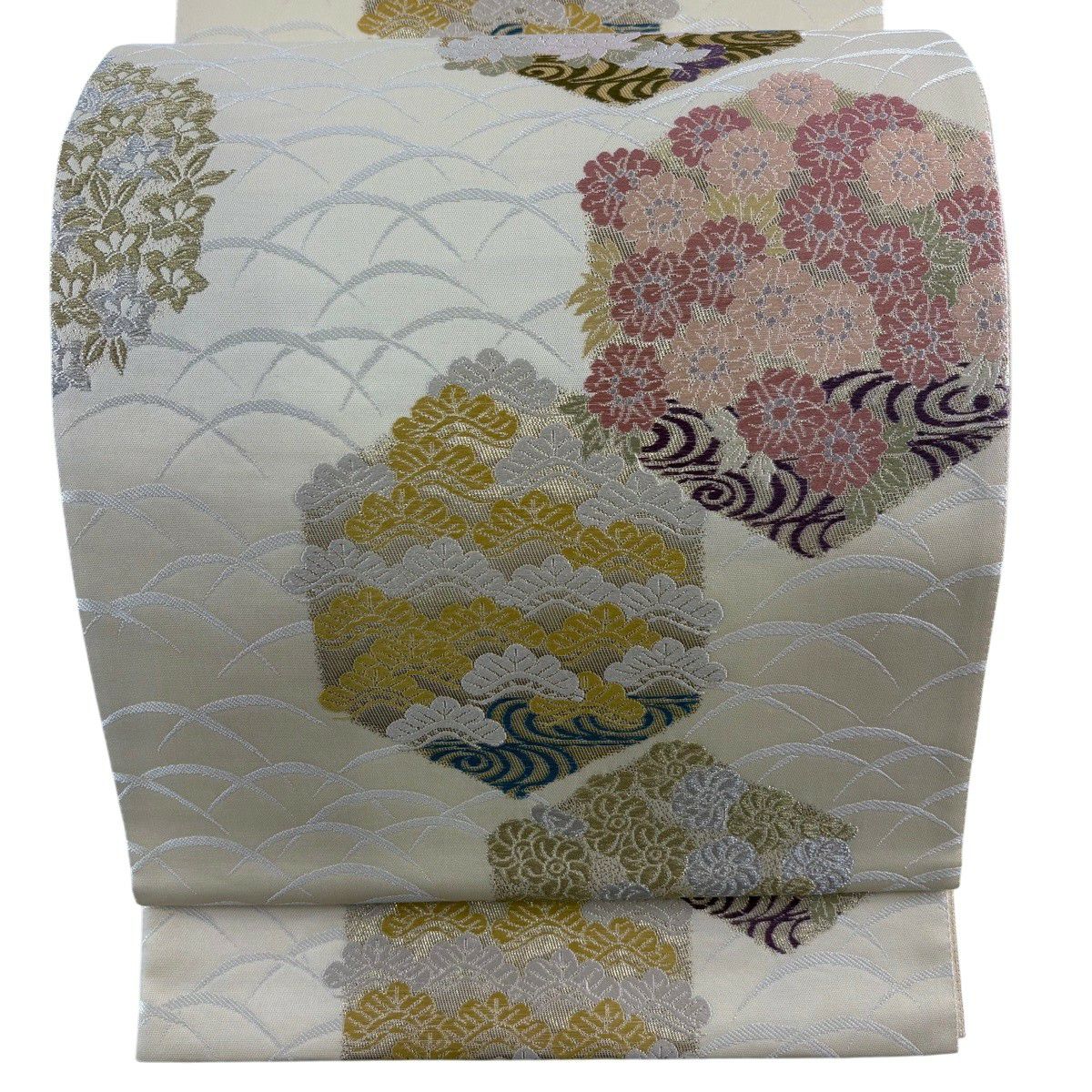 【美品】 袋帶 名品級 龜甲小花詰紋 芝 金金箔 金銀彩 米色 六通 純蠶絲