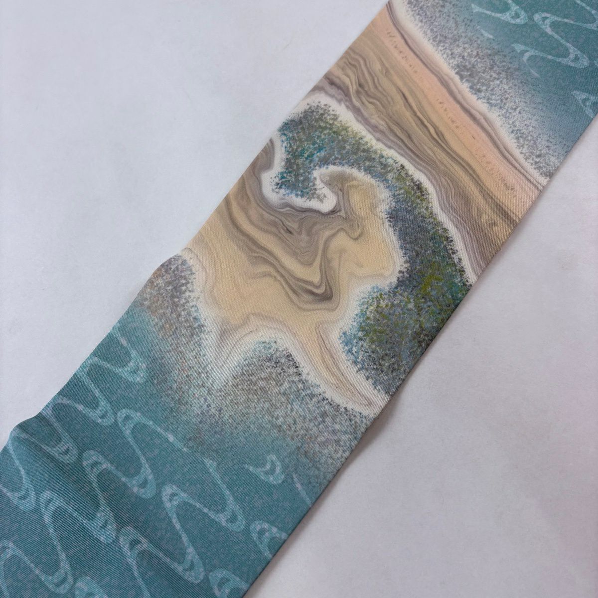 【美品】 名古屋帶 名品級 附落款 墨流紋 斜條紋 淺綠 純蠶絲
