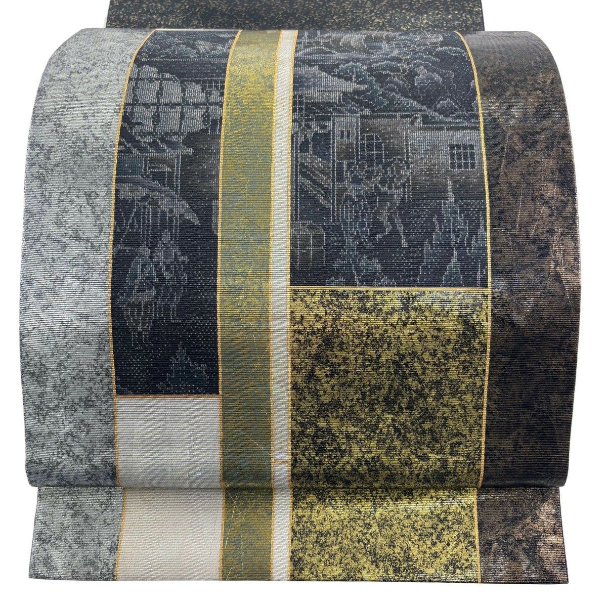 【美品】 袋帶 名品級 落款あり 人物 樹木 金金箔 墨 深色 お太鼓柄 純蠶絲
