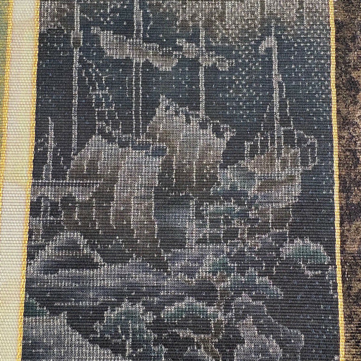 【美品】 袋帶 名品級 落款あり 人物 樹木 金金箔 墨 深色 お太鼓柄 純蠶絲