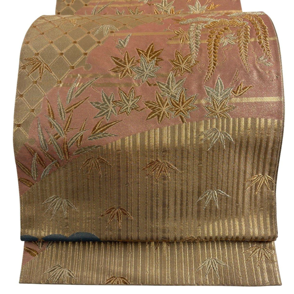 【美品】 袋帶 名品級 花井幸子 落款 松樹 楓 金金箔 金絲 金 六通 純蠶絲