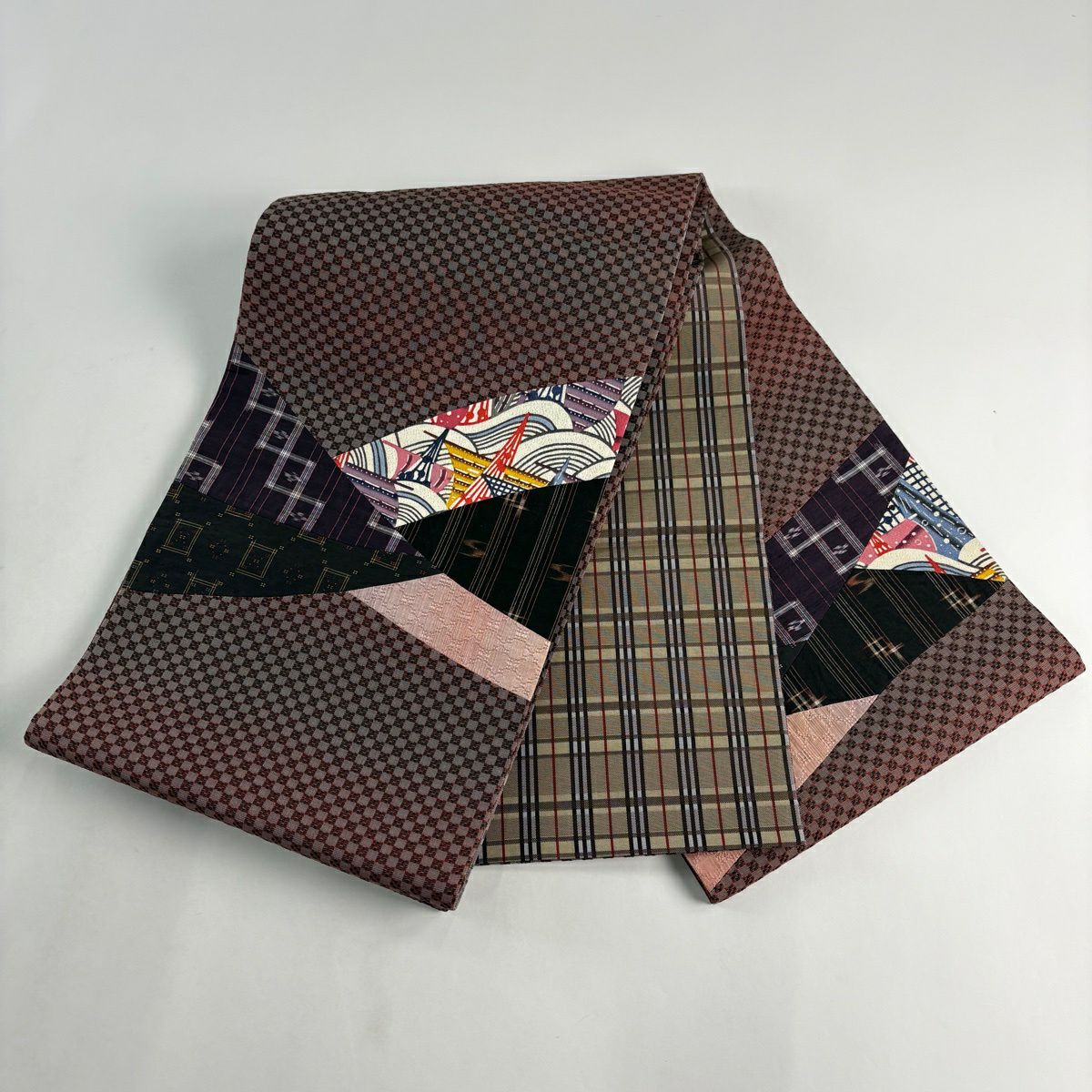 【美品】 袋帶 名品級 波紋 縞紋 切嵌 えんじ色 大鼓圖案 純蠶絲