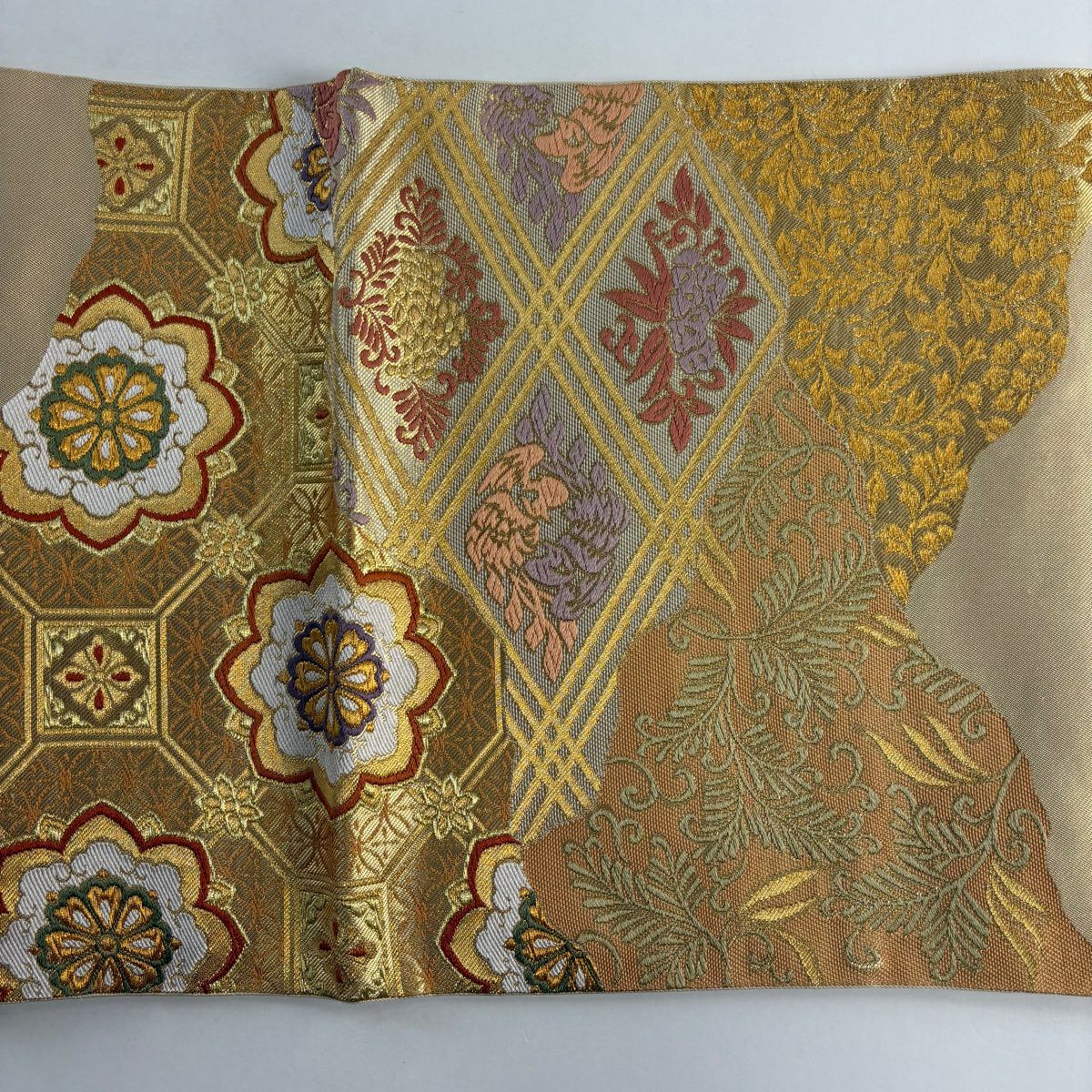 【美品】 袋帶 名品級 川島織物 落款 蜀江華紋 菱形 金金箔 金絲 金色 六通 純蠶絲
