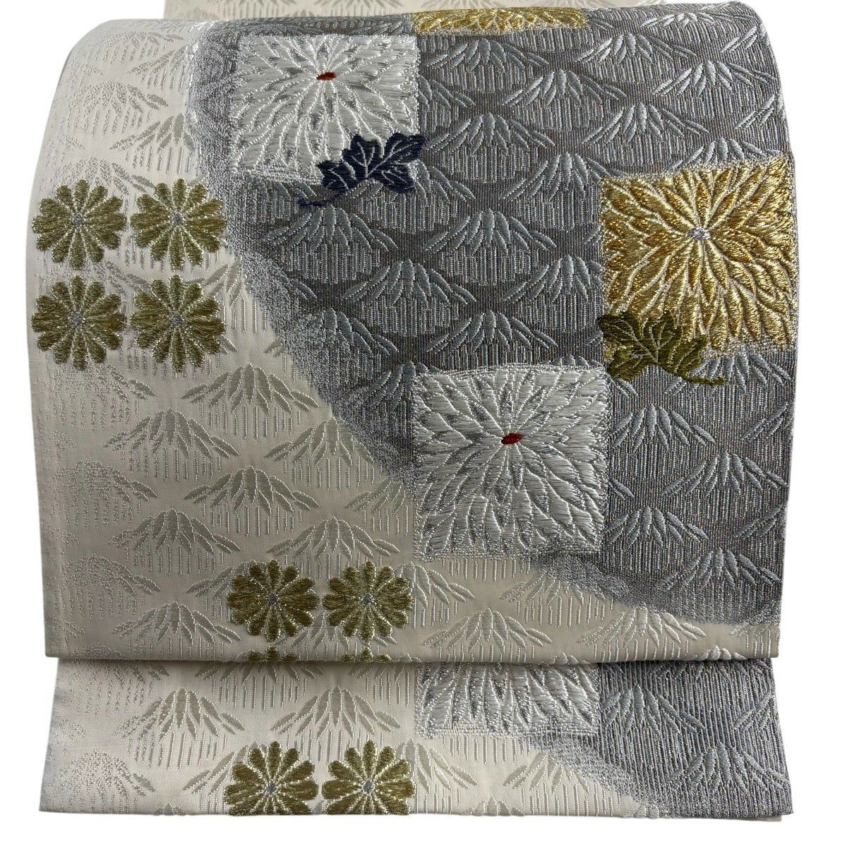 【美品】 袋帶 名品級 菊花花 竹子子 刺繡 金銀彩 奶油色 大鼓圖案 純蠶絲