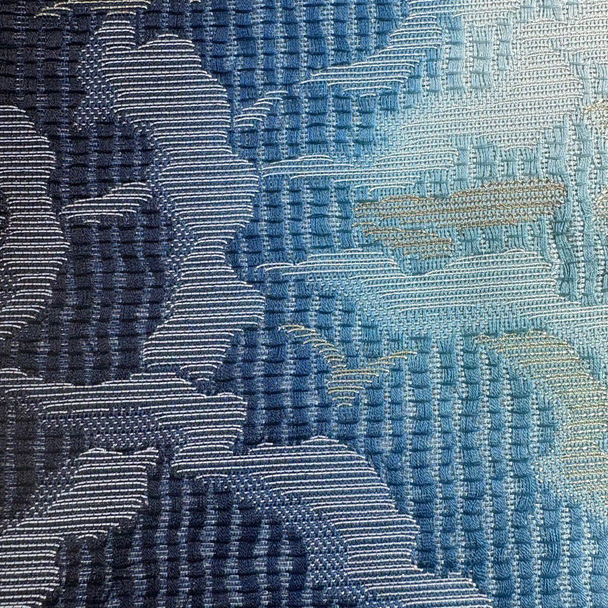 【美品】 袋帶 名品級 幾何學 金銀彩 藍色 全通 純蠶絲