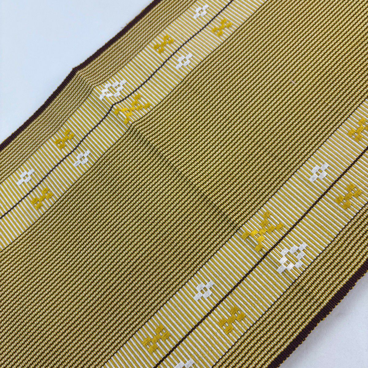 【美品】 名古屋帶 名品級 八寸名古屋帶 縞 幾何學 薄黃土 純蠶絲